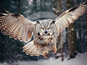 fly of owl. Flying Eurasian Eagle owl with open wings with snow flake in snowy forest during cold winter