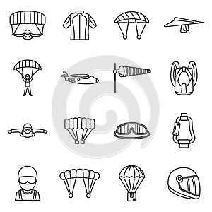 Fly parachuting icons set, outline style