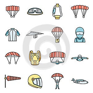 Fly parachuting icons set vector color line