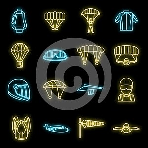 Fly parachuting icons set vector neon