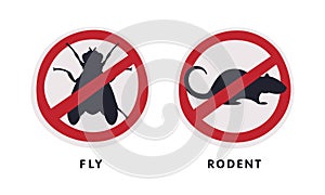 Fly and Rodent Red Warning or Prohibition Sign with Cross Line Vector Set