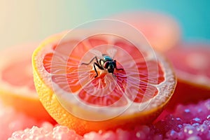A fly is sitting on a slice of orange