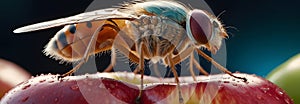 a fly is sitting on top of a red apple