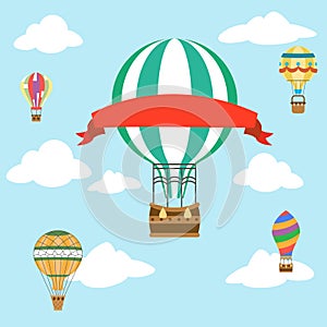 Fly sky clouds aerostat air balloon with red advertising ribbon flat design icon vector illustration