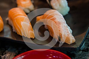 Fly on sushi salmon .  fly eat salmon fish , carrier of communicable diseases, f