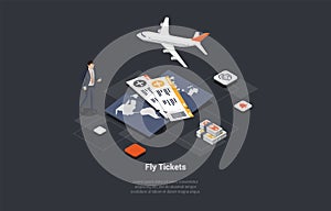 Fly Tickets Buying Service And Travelling by Plane Concept. Business Man Near Huge Tickets On World Map. Male Character