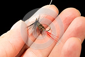 Fly to catch fish in a hand on a black background