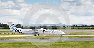 Flybe Bombardier Dash 8 Q400 preparing to take off from Manchester Airport