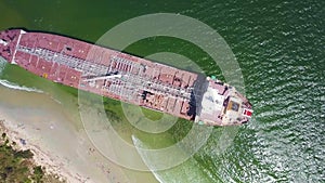 Flycam Lows down to Aground Tanker on Azure Ocean Shoal