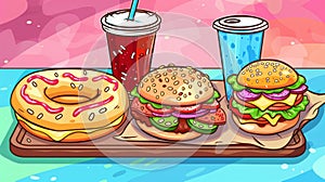 Flyer with cartoon illustration of hot tasty snack with meat and cheese, hamburger and cold cola in plastic cup