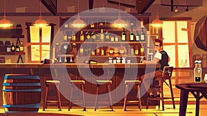 Flyer with cartoon illustration of rustic pub with wooden table, barrel and alcohol bottles on shelf with a vintage