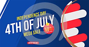 Flyer Celebrate Happy 4th of July - Independence Day. Mega sale with sticker 50 off. National American holiday event. Flat Vector