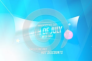 Flyer Celebrate Happy 4th of July - Independence Day. Mega sale with sticker 50 off and USA flag. National American holiday event.