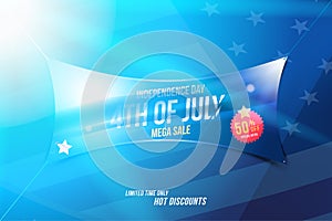 Flyer Celebrate Happy 4th of July - Independence Day. Mega sale with sticker 50 off and USA flag. National American holiday event.