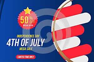 Flyer Celebrate Happy 4th of July - Independence Day. Mega sale with sticker 70 off. National American holiday event. Flat Vector