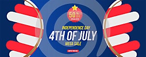 Flyer Celebrate Happy 4th of July - Independence Day. Mega sale with sticker 70 off. National American holiday event. Flat Vector