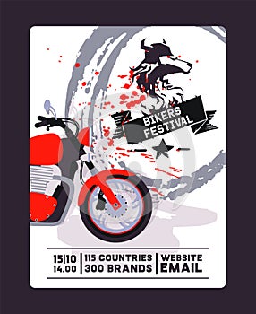 Flyer with contact, biker festival and motorshow flat vector illustration. Design for web poster, banner. Design for web
