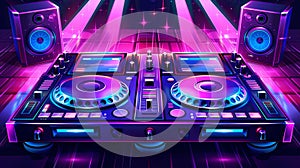Flyer for a dance party with DJ music and a discotheque. Modern cartoon illustration of a dj console with sound speakers