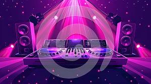A flyer for a dance party with live dj music. Modern illustration of a dj console with sound speakers and neon lights.