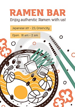 Flyer design with place for text for Asian cuisine restaurant. Leaflet template for Japanese food cafe depicting bowl of