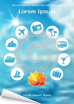 Flyer design with sea shell and travel icons on blue background