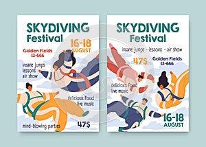 Flyer design of skydiving festival. Vertical banner template for skydiver's event. Backgrounds with parachute sport ad