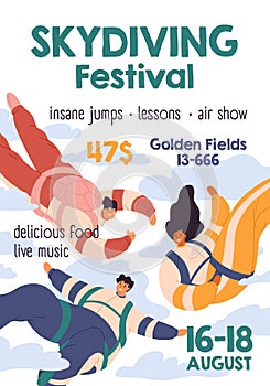 Flyer design of skydiving festival. Vertical template for parachuting event advertising. Promotion card of extreme