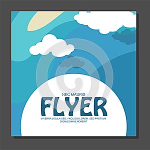 Flyer in flat style with a map of the island to travel and vacation on yacht clouds in the sky. View from the birds flight.