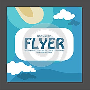 Flyer in flat style with a map of the island to travel and vacation on yacht clouds in the sky. View from the birds flight.