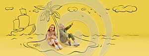 Flyer with funny kids, little boy and girl talking, dreaming isolated on yellow background with drawing, pencil