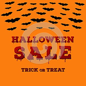 Flyer with halloween sale inscription on pumpkins orange color background. Template of poster with full moon, bats