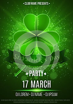 Flyer for a Happy Saint Patrick`s Day party. Green flash of light. Abstract bokeh lights and glowing dust. Luminous clover. Dark