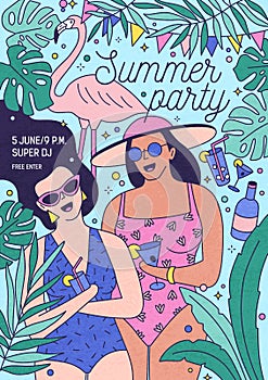 Flyer, invitation or poster template for summer party with happy women in swimsuits holding exotic cocktails and