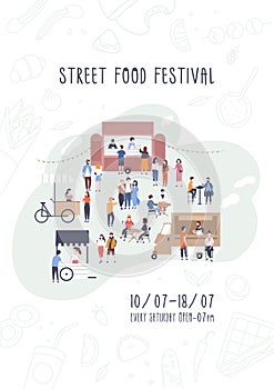 Flyer, invitation or poster template for summer street food festival with people walking between vans or caterers