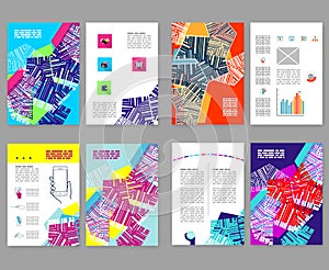 Flyer, leaflet, booklet layout set. Editable design template. A4 2-fold brochure with abstract elements, infographics