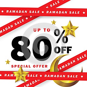 Flyer, Sale, discount, label or banner occasion of Ramadan Kareem and Eid Mubarak Celebration with ribbons