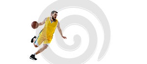 Flyer with sportive man, professional basketball player in action, motion with ball isolated on white studio background