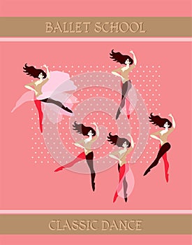 Flyer template. Beautiful young ballerinas practice at a ballet school. Vector illustration. Art deco style