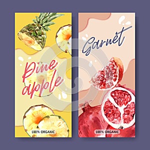 Flyer watercolor design with Fruits theme, colorful vector illustration template