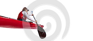 Flyer. Young female sportsman in red canoe, kayak with a life vest and a paddle isolated on white background. Concept of