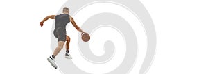 Flyer with young muscled man, basketball player running with ball isolated on white studio background. Sport, motion