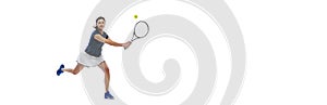 Flyer with young slim woman, tennis player training with racket and ball isolated on white background. Healthy lifestyle