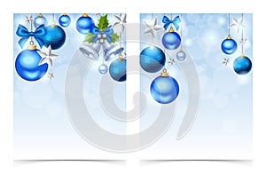 Flyers with blue Christmas balls, bells, stars and sparkles. Vector eps-10.