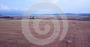 Flying above and aerial view of a field with hay stacks. Rural scene. Russia