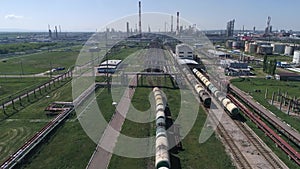 Flying above industrial railroad station