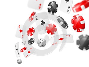 Flying aces and chips. Realistic gambling elements, 3d cards, different suits gamble aces and red and black casino game