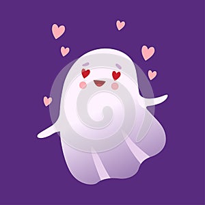 Flying Adorable White Ghost in Love, Cute Halloween Spooky Character Vector Illustration