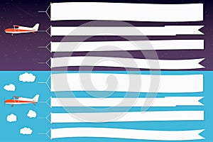 Flying advertising banner. Planes with horizontal banners in night outer space and day blue sky background