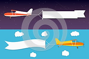 Flying advertising banner. Planes with horizontal banners in night outer space and day blue sky background