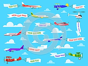 Flying advertising banner. Sky planes banners airplane flight helicopter ribbon template text advertisement message set